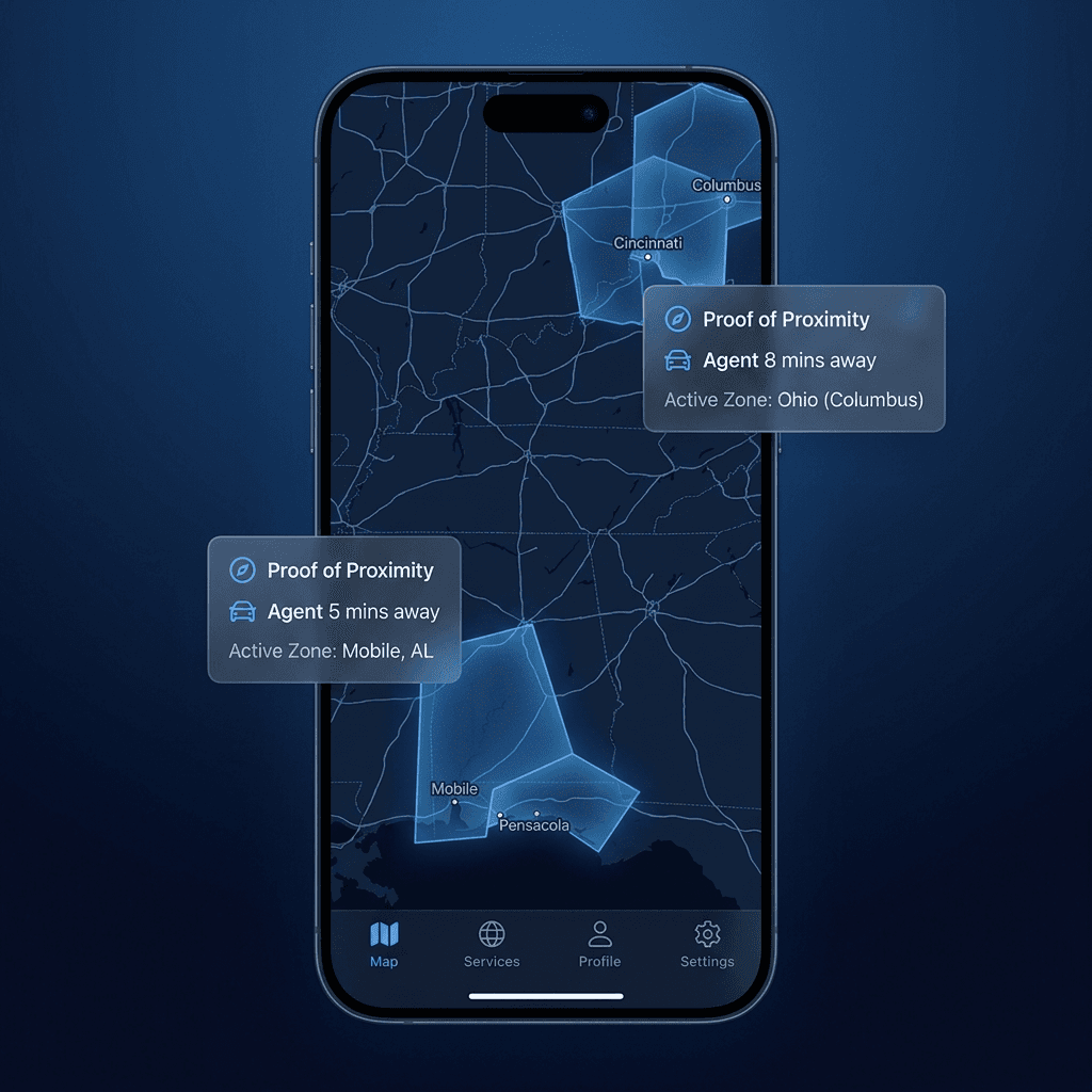 Mobile app coverage map showing active service zones